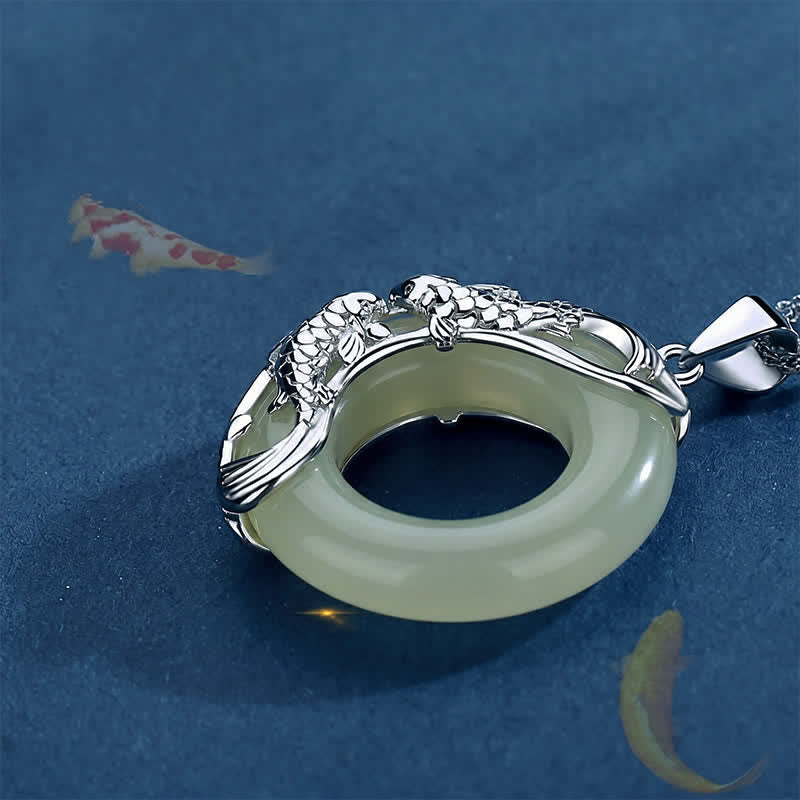 Buddha Stones Green Hetian Jade Koi Fish Luck Circular Peace Buckle Pendant Necklace