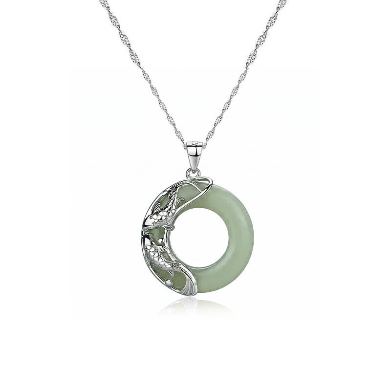 Buddha Stones Green Hetian Jade Koi Fish Luck Circular Peace Buckle Pendant Necklace
