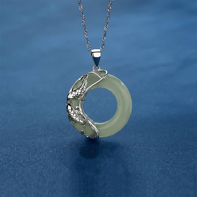 Buddha Stones Green Hetian Jade Koi Fish Luck Circular Peace Buckle Pendant Necklace