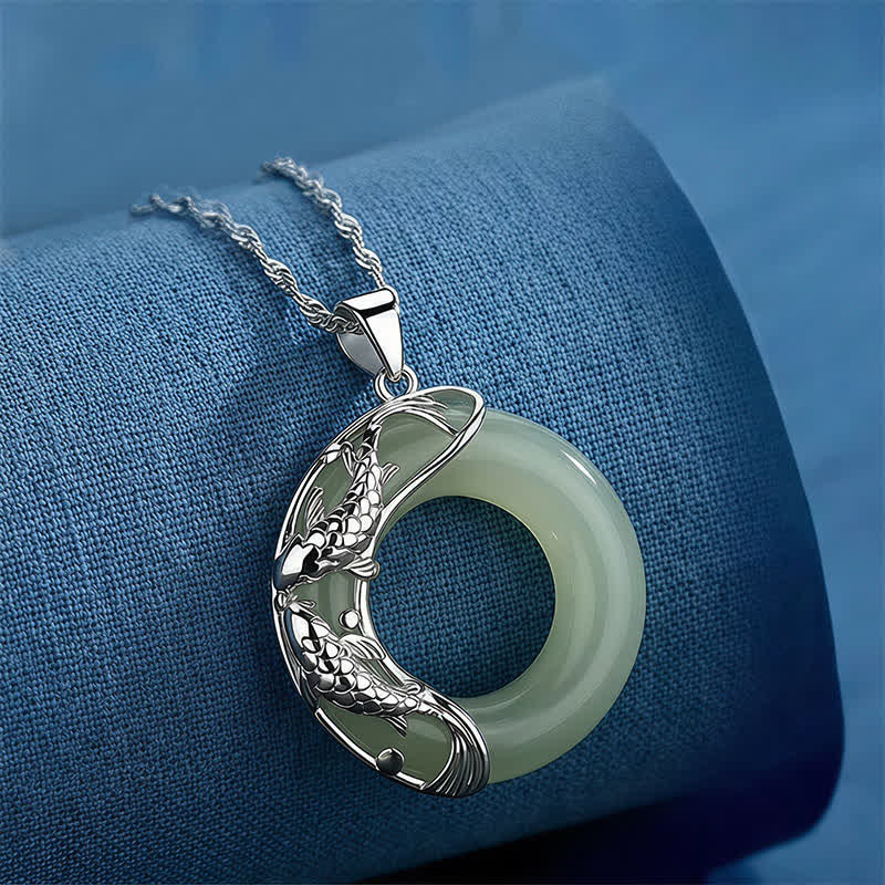 Buddha Stones Green Hetian Jade Koi Fish Luck Circular Peace Buckle Pendant Necklace