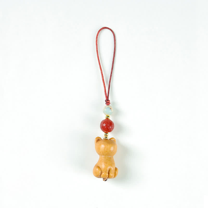 Buddha Stones Hand Carved Sandalwood Cat Fish Purification Keychains