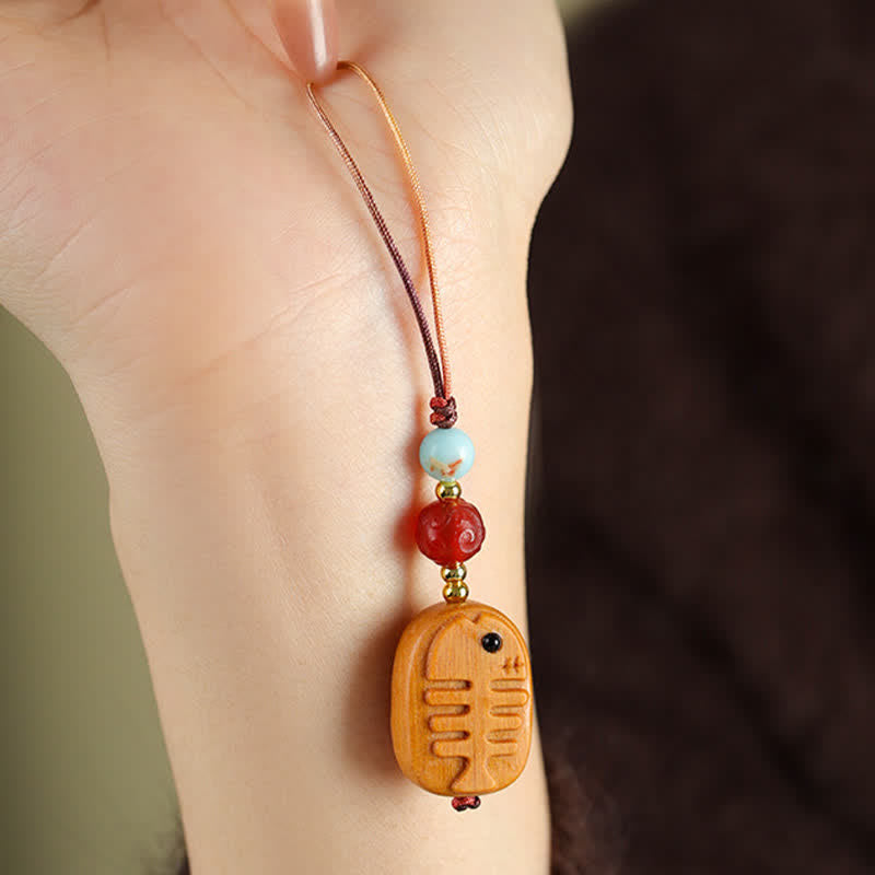 Buddha Stones Hand Carved Sandalwood Cat Fish Purification Keychains