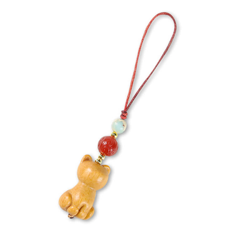 Buddha Stones Hand Carved Sandalwood Cat Fish Purification Keychains