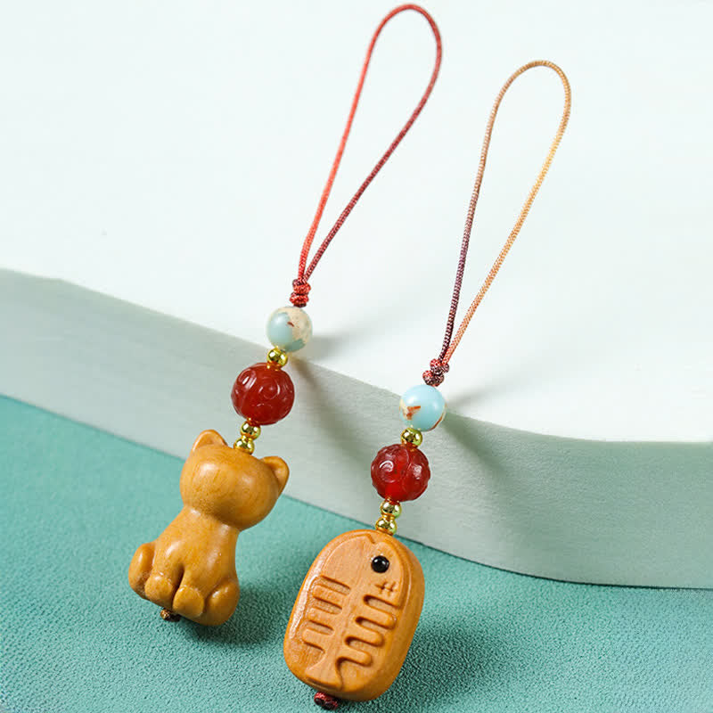 Buddha Stones Hand Carved Sandalwood Cat Fish Purification Keychains