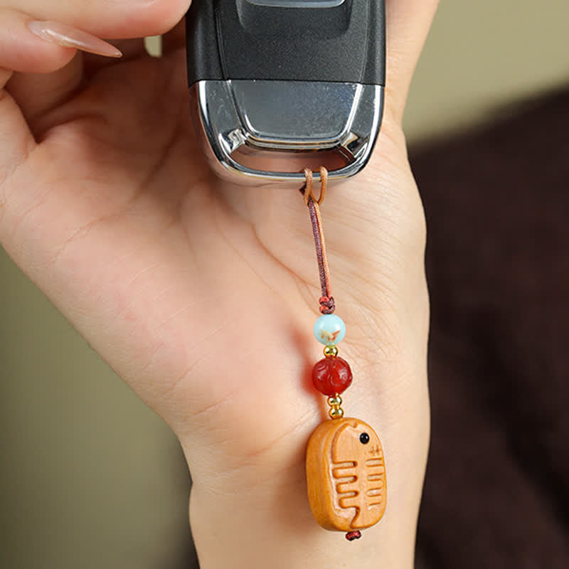 Buddha Stones Hand Carved Sandalwood Cat Fish Purification Keychains