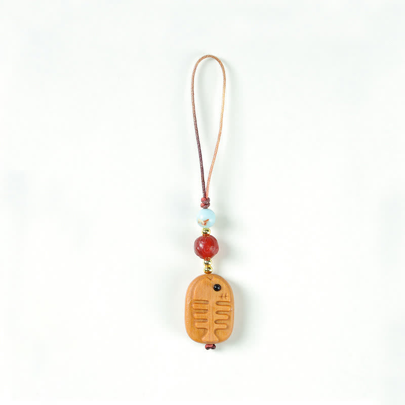 Buddha Stones Hand Carved Sandalwood Cat Fish Purification Keychains