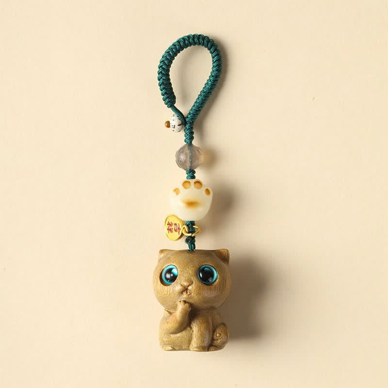 Buddha Stones Green Sandalwood Cat Hand-Woven Soothing Keychains