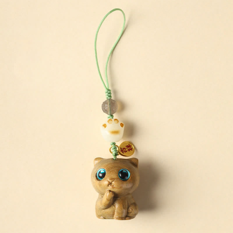 Buddha Stones Green Sandalwood Cat Hand-Woven Soothing Keychains