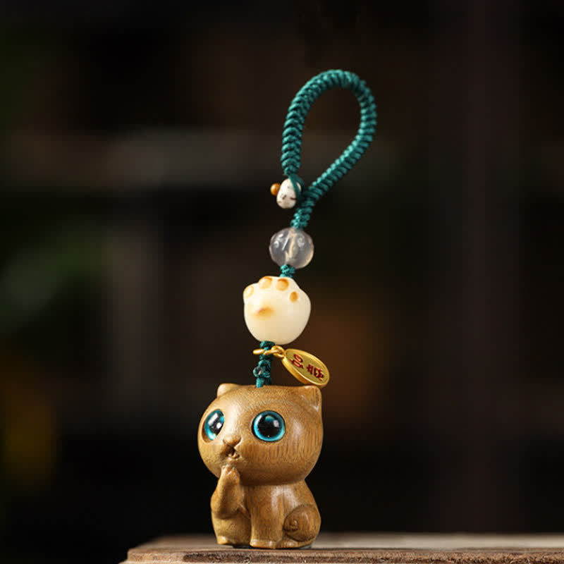 Buddha Stones Green Sandalwood Cat Hand-Woven Soothing Keychains