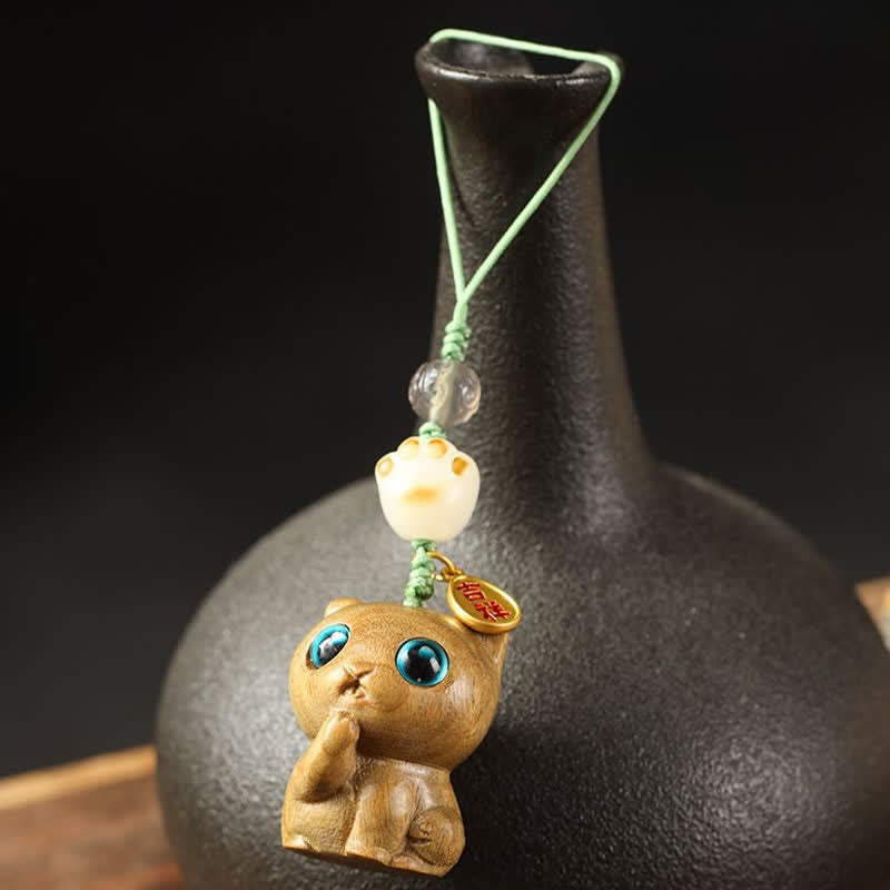 Buddha Stones Green Sandalwood Cat Hand-Woven Soothing Keychains