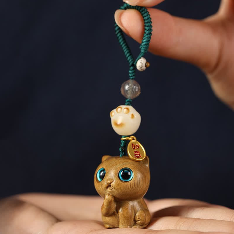 Buddha Stones Green Sandalwood Cat Hand-Woven Soothing Keychains