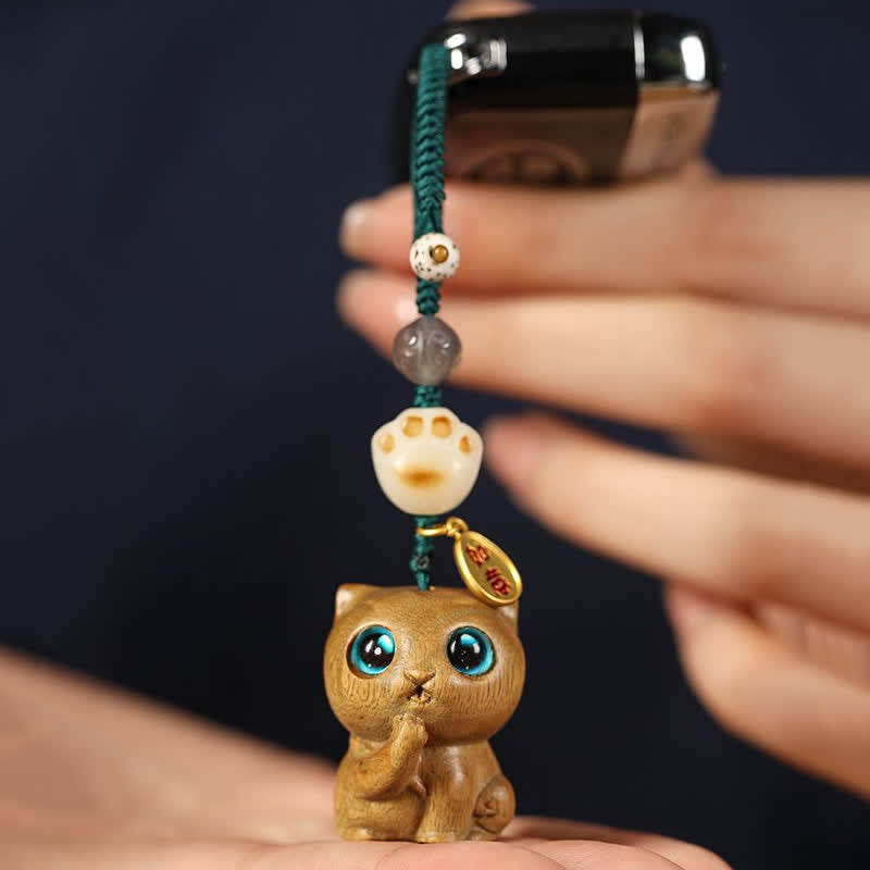 Buddha Stones Green Sandalwood Cat Hand-Woven Soothing Keychains