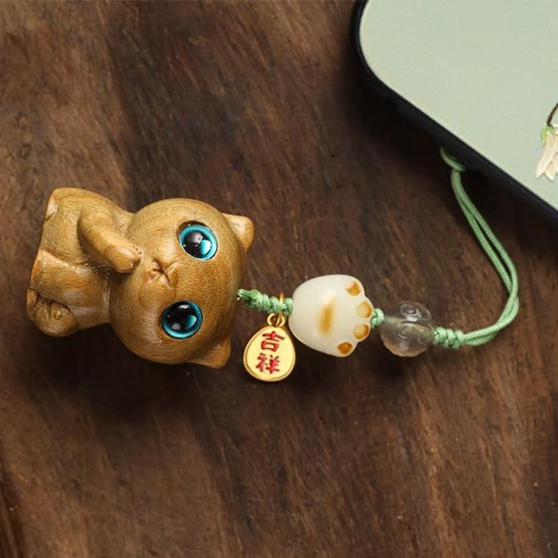 Buddha Stones Green Sandalwood Cat Hand-Woven Soothing Keychains