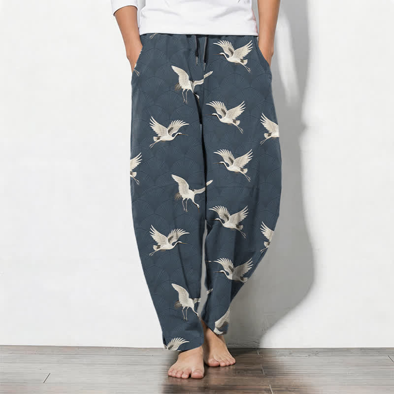 Buddha Stones Pure Cotton Flying White Crane Pattern Drawstring Men's Tapered Pants With Pockets