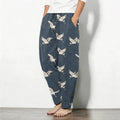 Buddha Stones Pure Cotton Flying White Crane Pattern Drawstring Men's Tapered Pants With Pockets