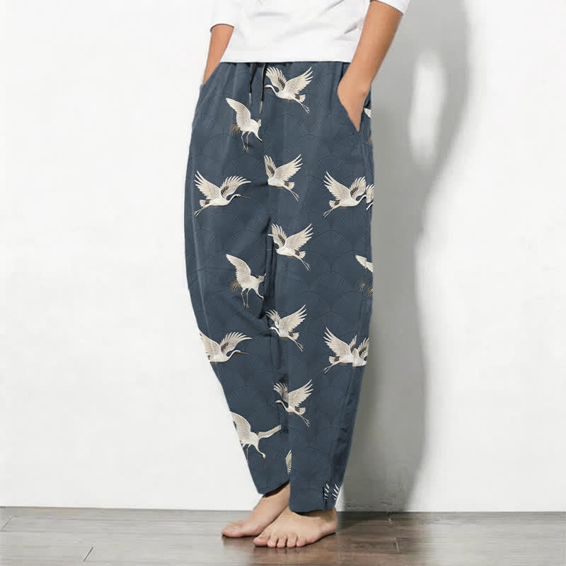 Buddha Stones Pure Cotton Flying White Crane Pattern Drawstring Men's Tapered Pants With Pockets