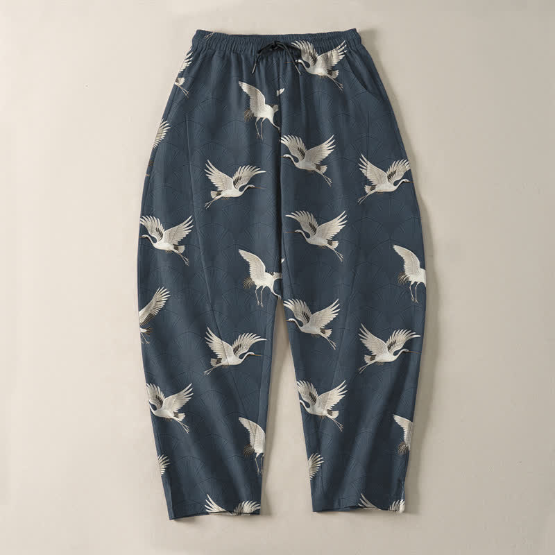 Buddha Stones Pure Cotton Flying White Crane Pattern Drawstring Men's Tapered Pants With Pockets