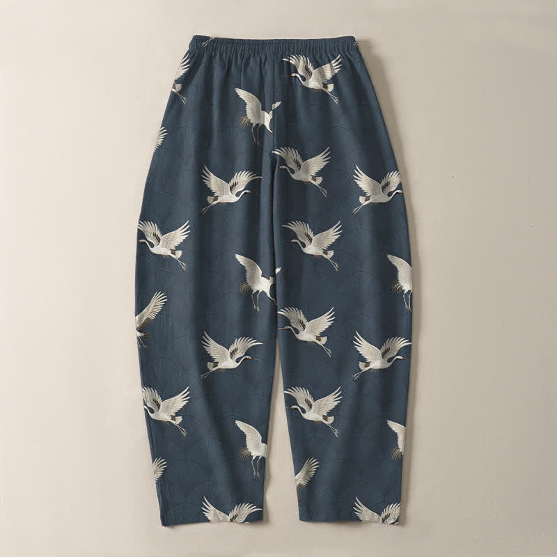 Buddha Stones Pure Cotton Flying White Crane Pattern Drawstring Men's Tapered Pants With Pockets