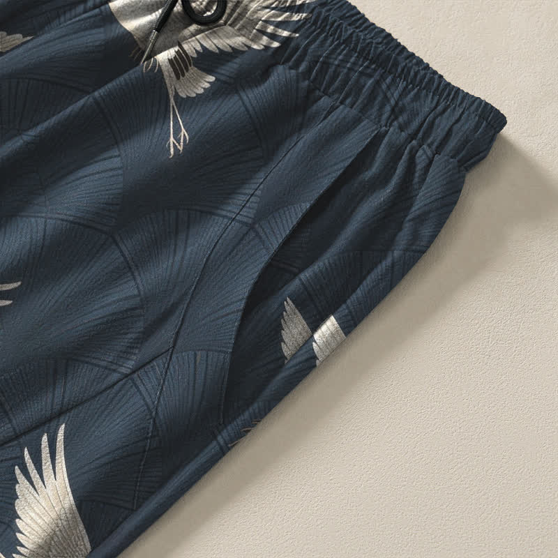 Buddha Stones Pure Cotton Flying White Crane Pattern Drawstring Men's Tapered Pants With Pockets