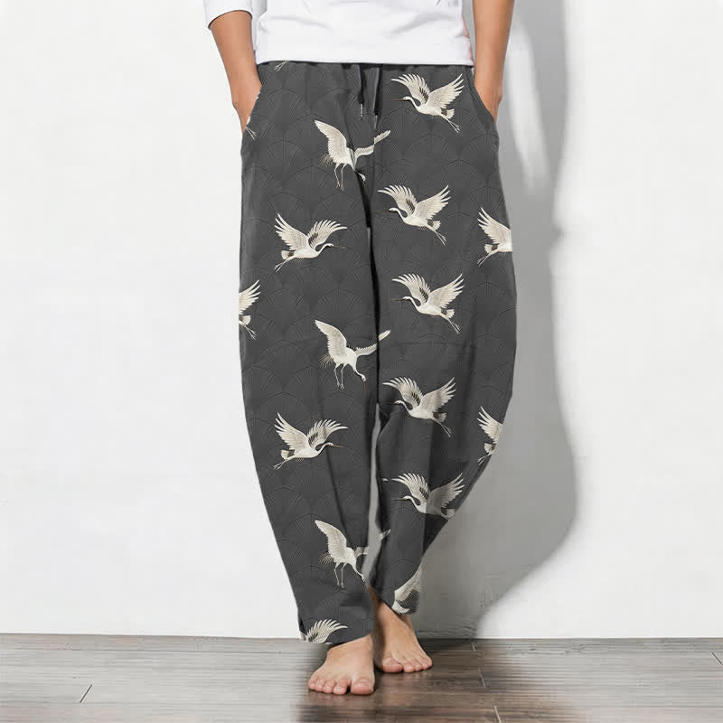 Buddha Stones Pure Cotton Flying White Crane Pattern Drawstring Men's Tapered Pants With Pockets