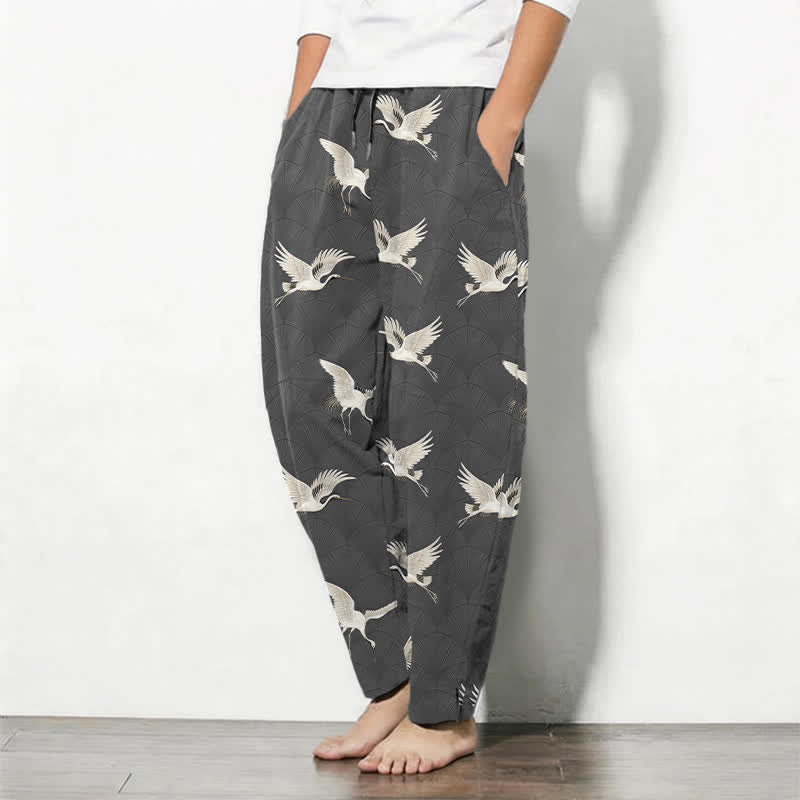 Buddha Stones Pure Cotton Flying White Crane Pattern Drawstring Men's Tapered Pants With Pockets