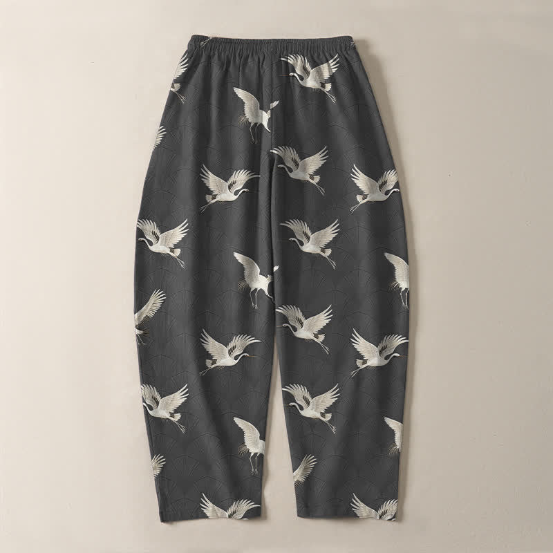 Buddha Stones Pure Cotton Flying White Crane Pattern Drawstring Men's Tapered Pants With Pockets