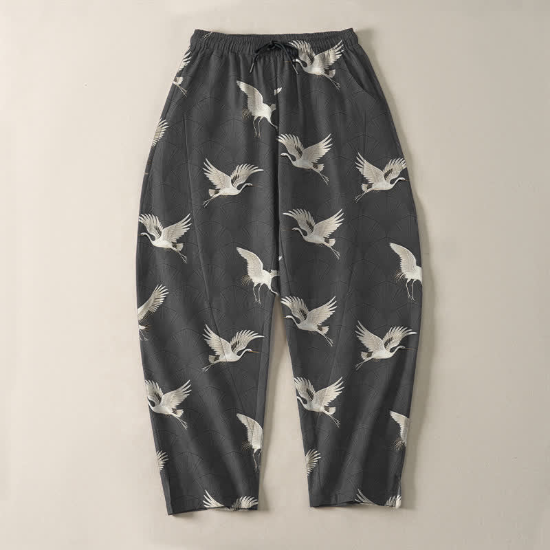 Buddha Stones Pure Cotton Flying White Crane Pattern Drawstring Men's Tapered Pants With Pockets