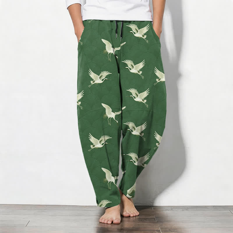 Buddha Stones Pure Cotton Flying White Crane Pattern Drawstring Men's Tapered Pants With Pockets
