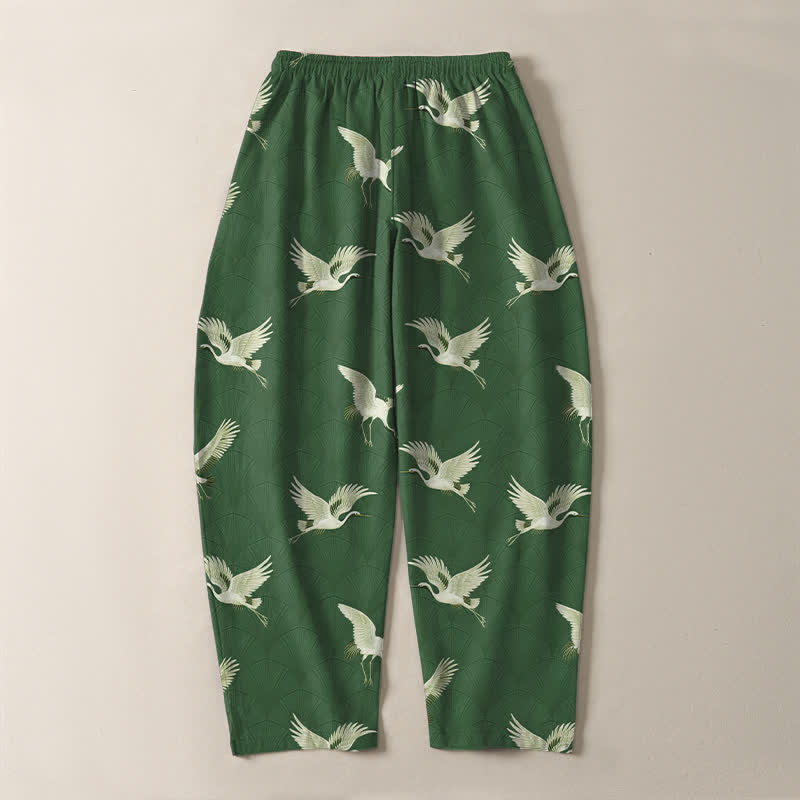 Buddha Stones Pure Cotton Flying White Crane Pattern Drawstring Men's Tapered Pants With Pockets