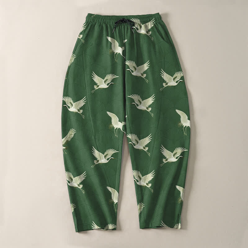 Buddha Stones Pure Cotton Flying White Crane Pattern Drawstring Men's Tapered Pants With Pockets