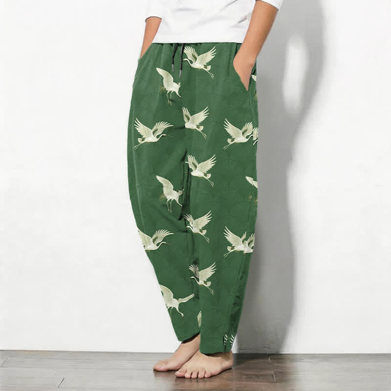 Buddha Stones Pure Cotton Flying White Crane Pattern Drawstring Men's Tapered Pants With Pockets