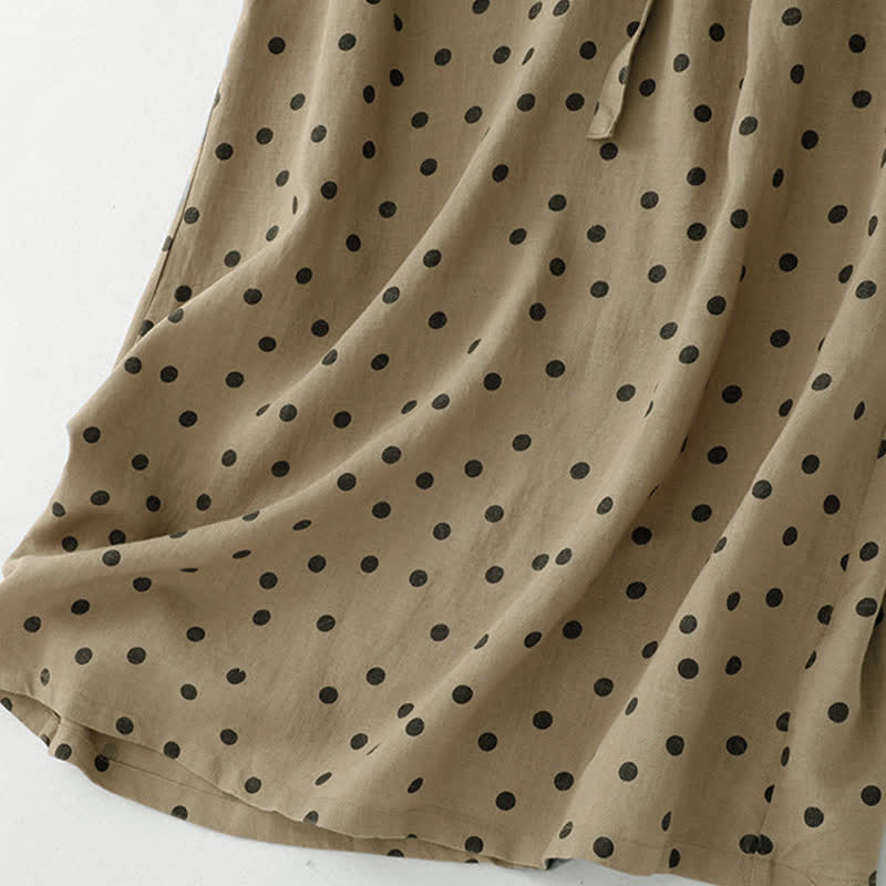 Buddha Stones Summer Polka Dot V-Neck Lace-up Women's Knee Length Dress With Pockets
