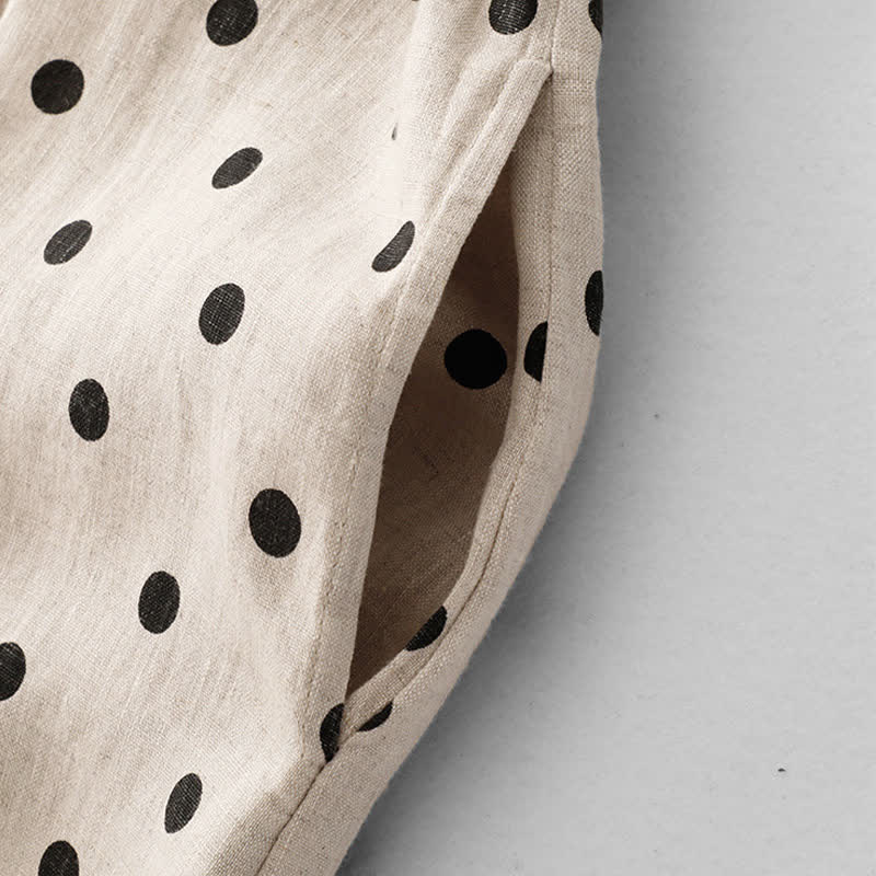 Buddha Stones Summer Polka Dot V-Neck Lace-up Women's Knee Length Dress With Pockets