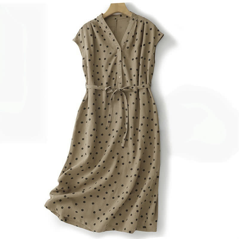 Buddha Stones Summer Polka Dot V-Neck Lace-up Women's Knee Length Dress With Pockets
