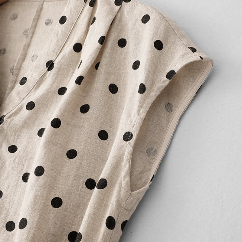 Buddha Stones Summer Polka Dot V-Neck Lace-up Women's Knee Length Dress With Pockets