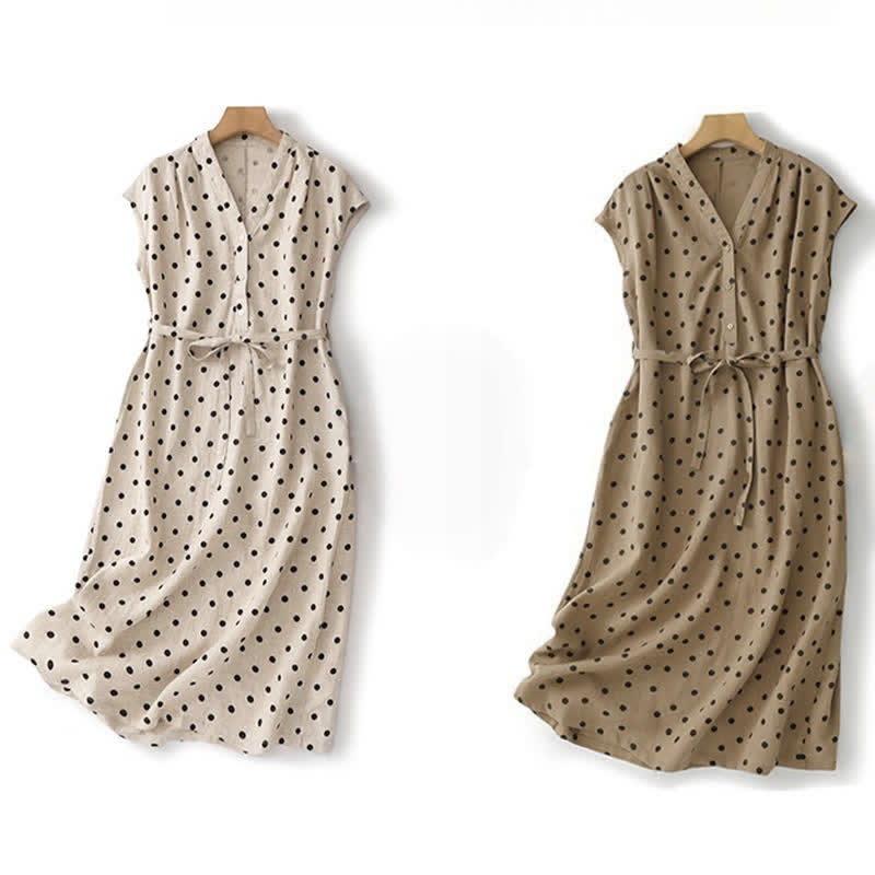 Buddha Stones Summer Polka Dot V-Neck Lace-up Women's Knee Length Dress With Pockets