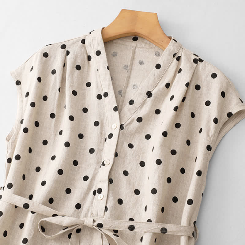 Buddha Stones Summer Polka Dot V-Neck Lace-up Women's Knee Length Dress With Pockets