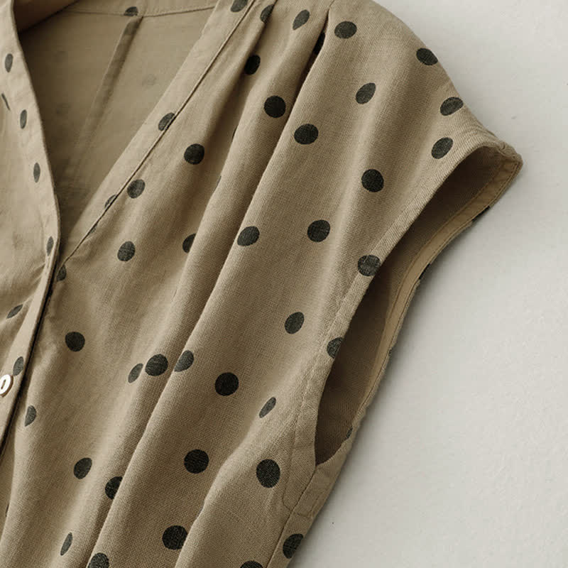 Buddha Stones Summer Polka Dot V-Neck Lace-up Women's Knee Length Dress With Pockets