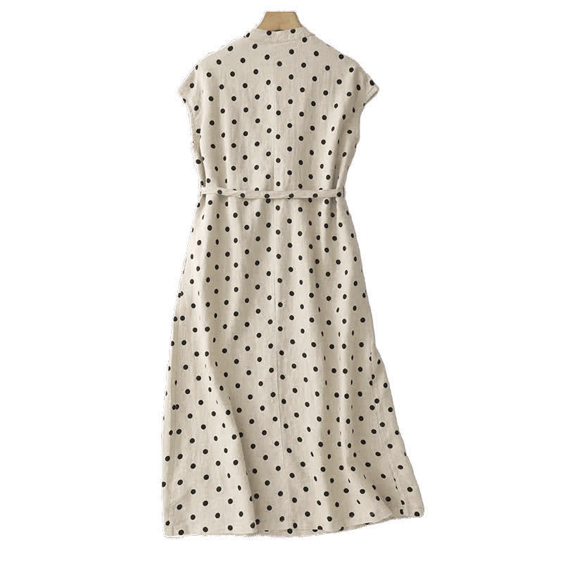 Buddha Stones Summer Polka Dot V-Neck Lace-up Women's Knee Length Dress With Pockets