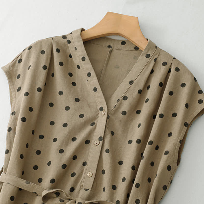 Buddha Stones Summer Polka Dot V-Neck Lace-up Women's Knee Length Dress With Pockets