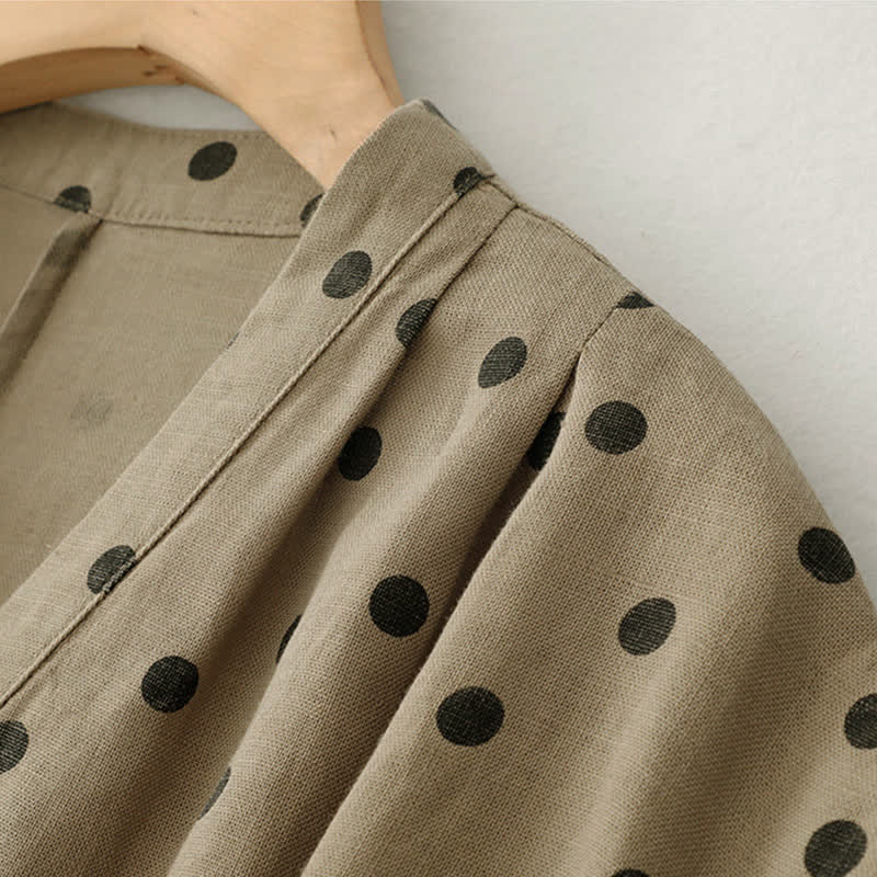 Buddha Stones Summer Polka Dot V-Neck Lace-up Women's Knee Length Dress With Pockets