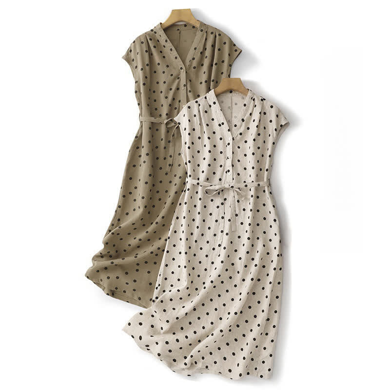 Buddha Stones Summer Polka Dot V-Neck Lace-up Women's Knee Length Dress With Pockets