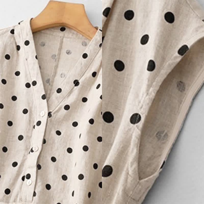 Buddha Stones Summer Polka Dot V-Neck Lace-up Women's Knee Length Dress With Pockets