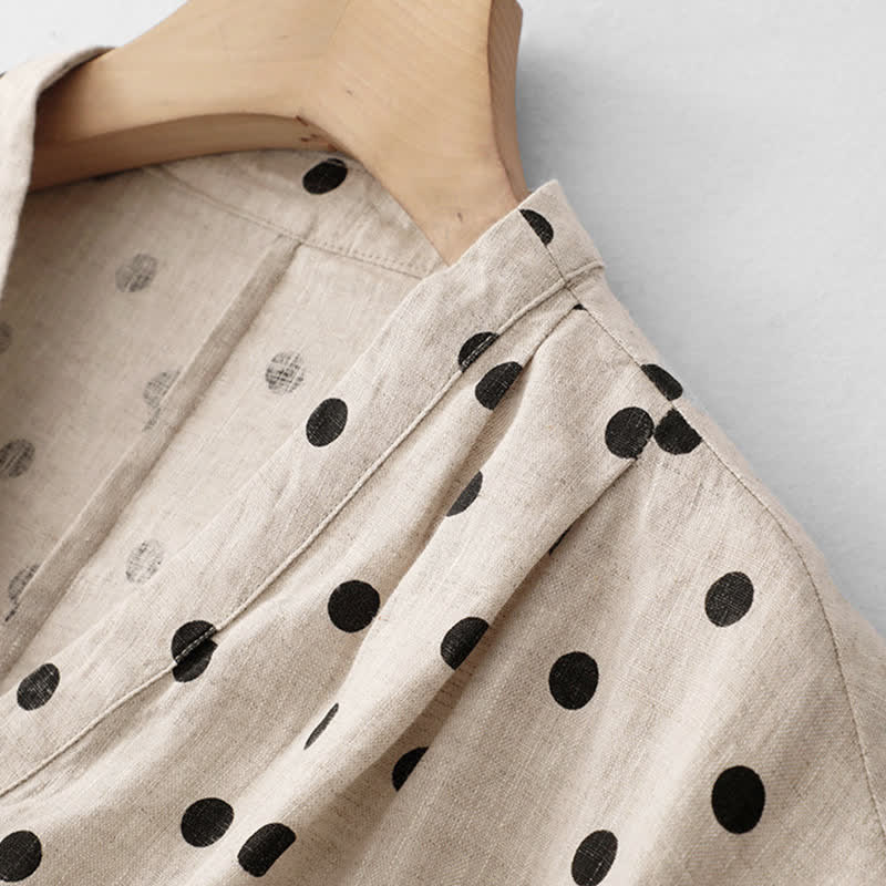 Buddha Stones Summer Polka Dot V-Neck Lace-up Women's Knee Length Dress With Pockets
