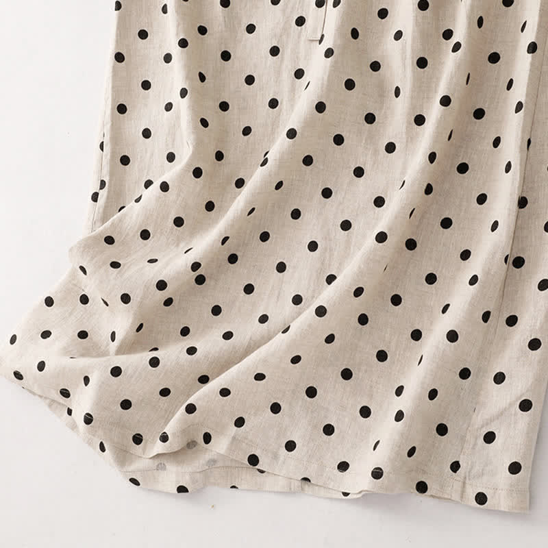 Buddha Stones Summer Polka Dot V-Neck Lace-up Women's Knee Length Dress With Pockets