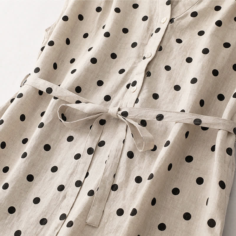 Buddha Stones Summer Polka Dot V-Neck Lace-up Women's Knee Length Dress With Pockets