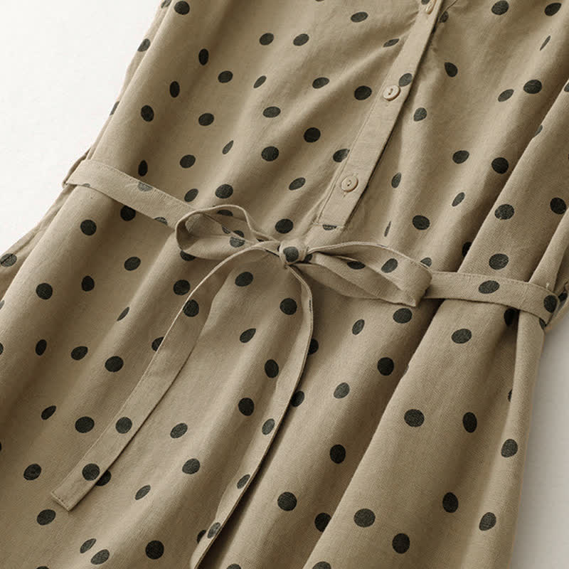 Buddha Stones Summer Polka Dot V-Neck Lace-up Women's Knee Length Dress With Pockets