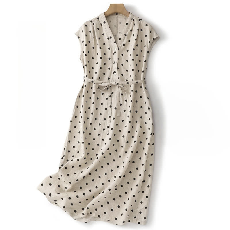 Buddha Stones Summer Polka Dot V-Neck Lace-up Women's Knee Length Dress With Pockets