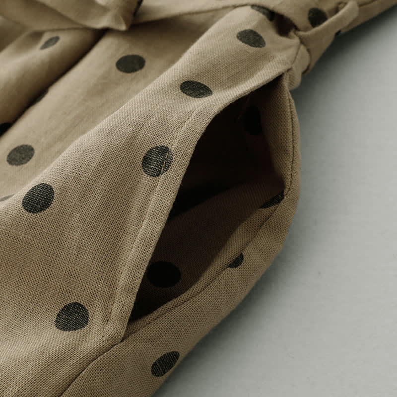 Buddha Stones Summer Polka Dot V-Neck Lace-up Women's Knee Length Dress With Pockets