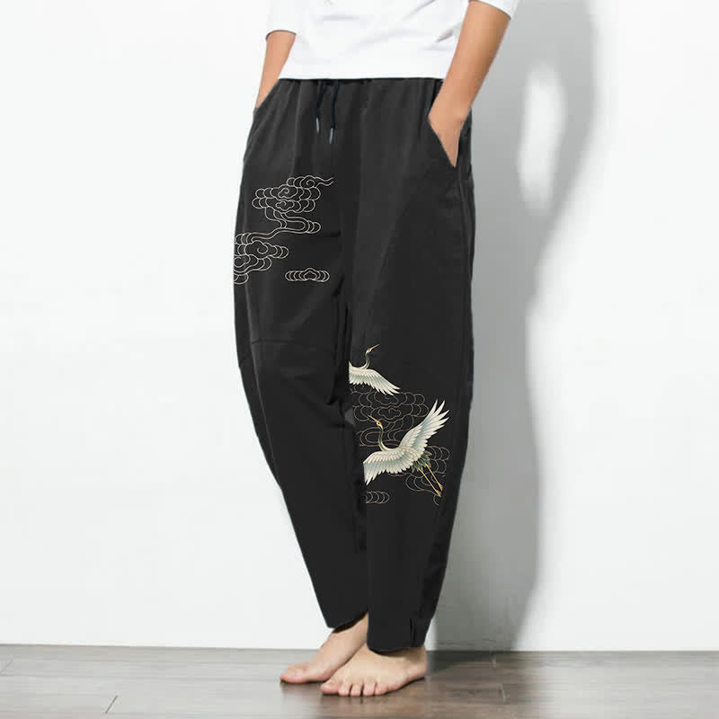 Buddha Stones Pure Cotton White Crane Clouds Pattern Drawstring Men's Tapered Pants With Pockets
